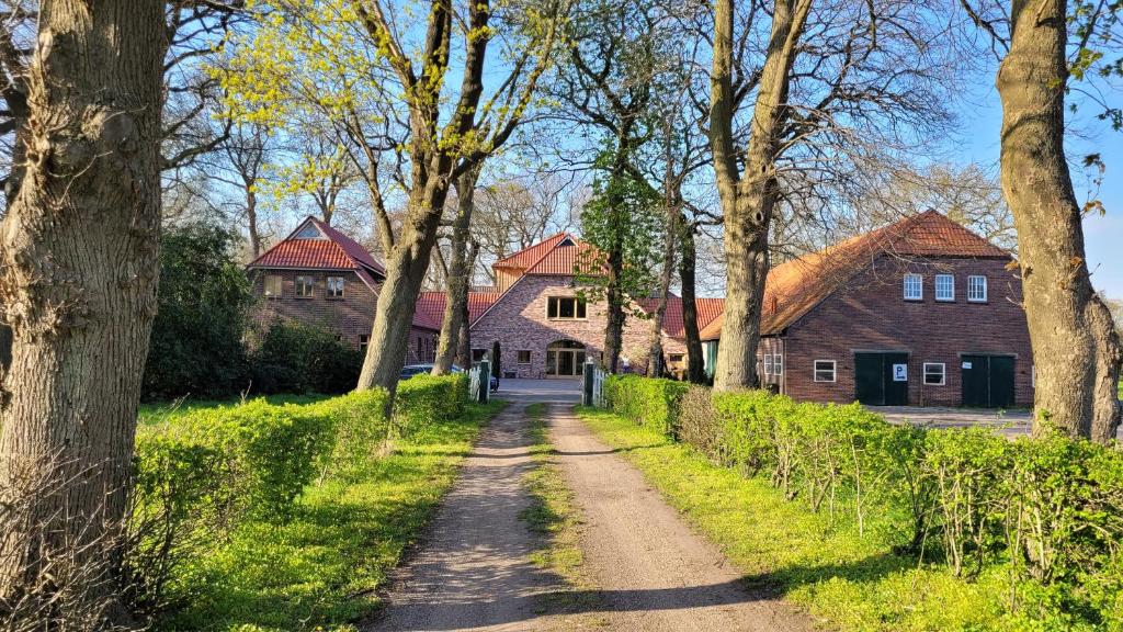 un camino de tierra delante de dos casas en Hotel Lethehof en Wardenburg