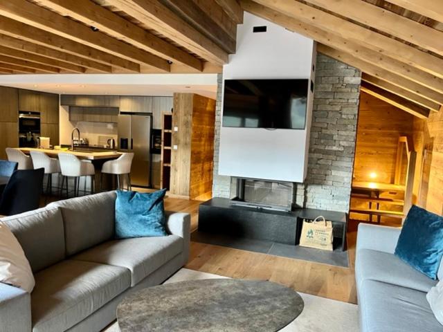 a living room with a couch and a fireplace at Chalet Neuf du Pape in Les Deux Alpes