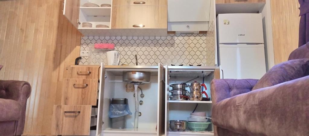 a small kitchen with a refrigerator in a room at Fidelya Bungalow Evleri in Adrasan
