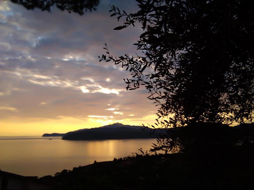 un tramonto su un corpo d'acqua con una montagna di La casa dei nonni a Capoliveri