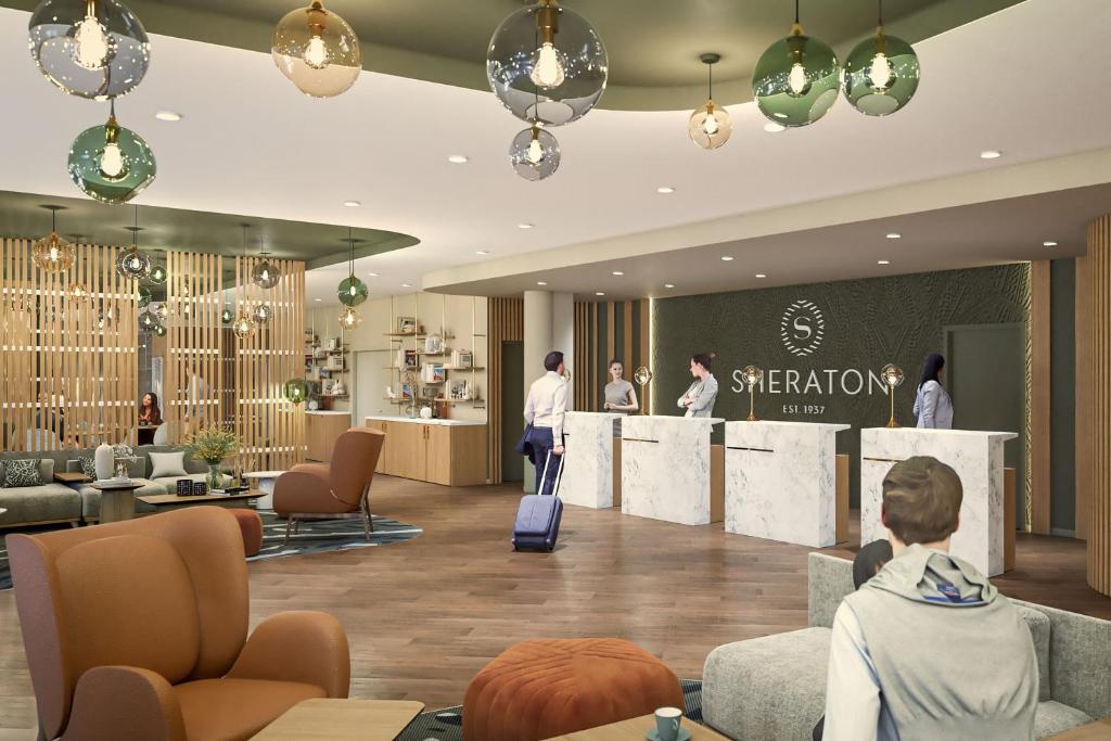 a rendering of a waiting area in a hotel lobby at Sheraton Bordeaux Airport in Mérignac