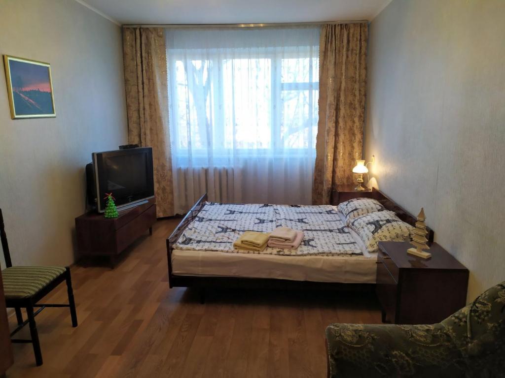 um quarto com uma cama, uma televisão e um sofá em Квартира біля залізничного вокзалу em Vinnytsya