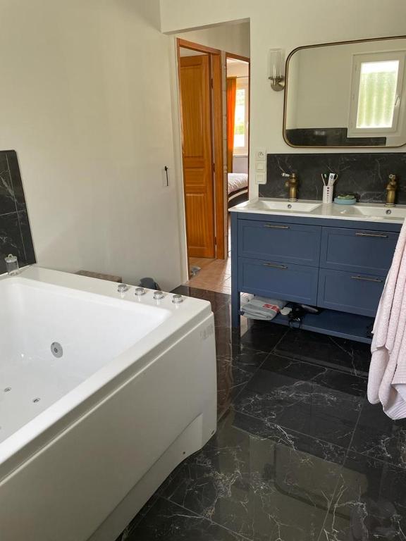 a bathroom with a tub and a sink and a mirror at Villa Emma 10 &#47; 12 personnes in Grignan