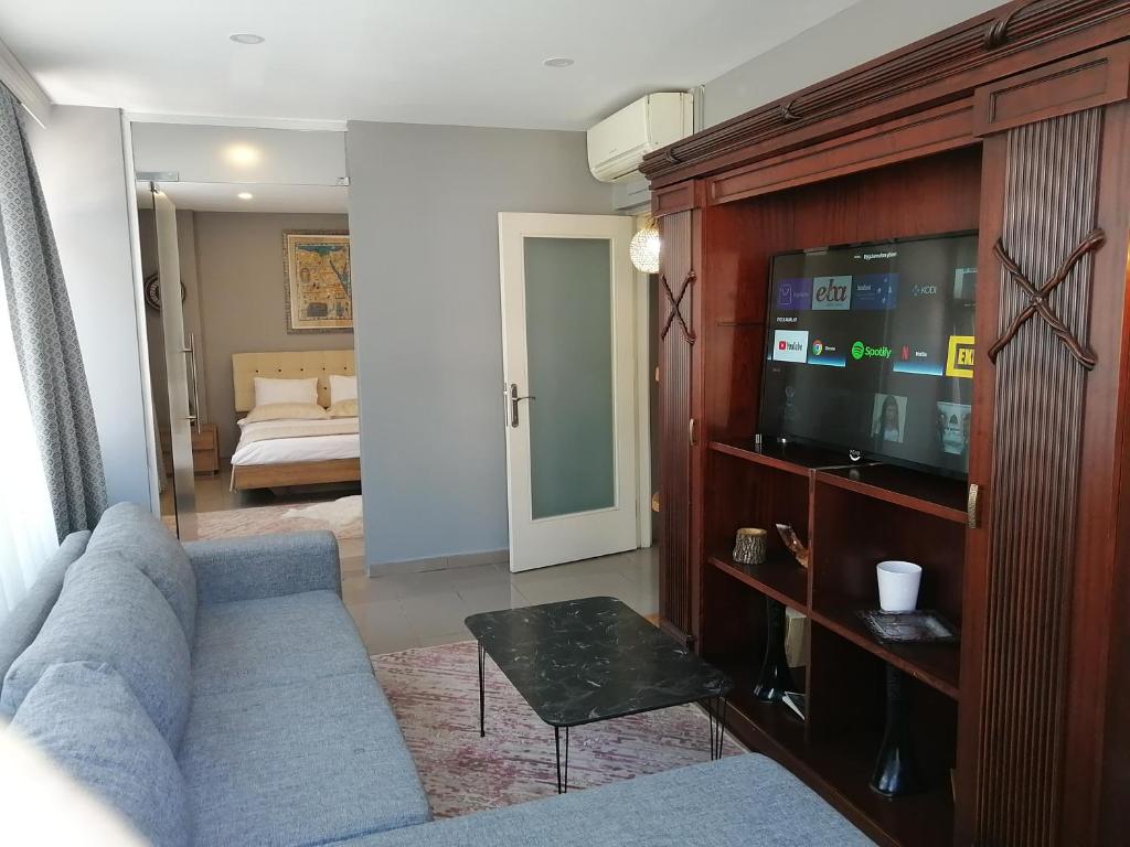 een woonkamer met een bank en een flatscreen-tv bij Levent Apartments in Istanbul