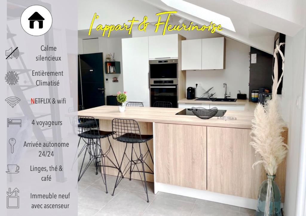 a kitchen with white cabinets and a counter with stools at Appart & Fleurinoise balcon ascenseur climatisation in Fleurieux-sur-lʼArbresle