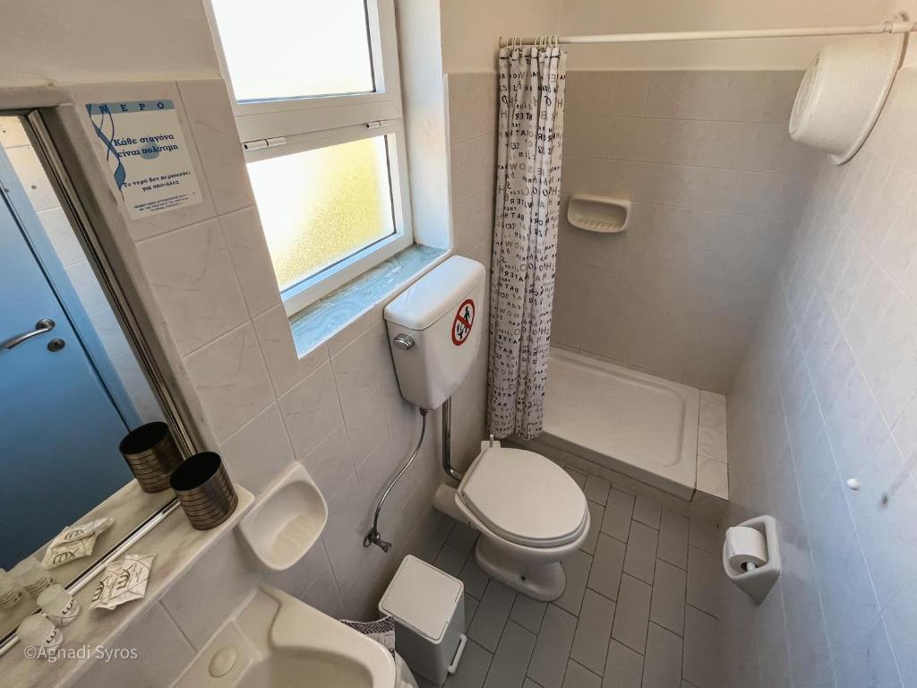 uma pequena casa de banho com WC e lavatório em Agnadi Syros Beachfront Studios & Rooms em Megas Gialos - Nites