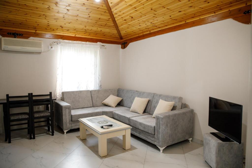 a living room with a couch and a tv at Logli Apartments in Gjirokastër