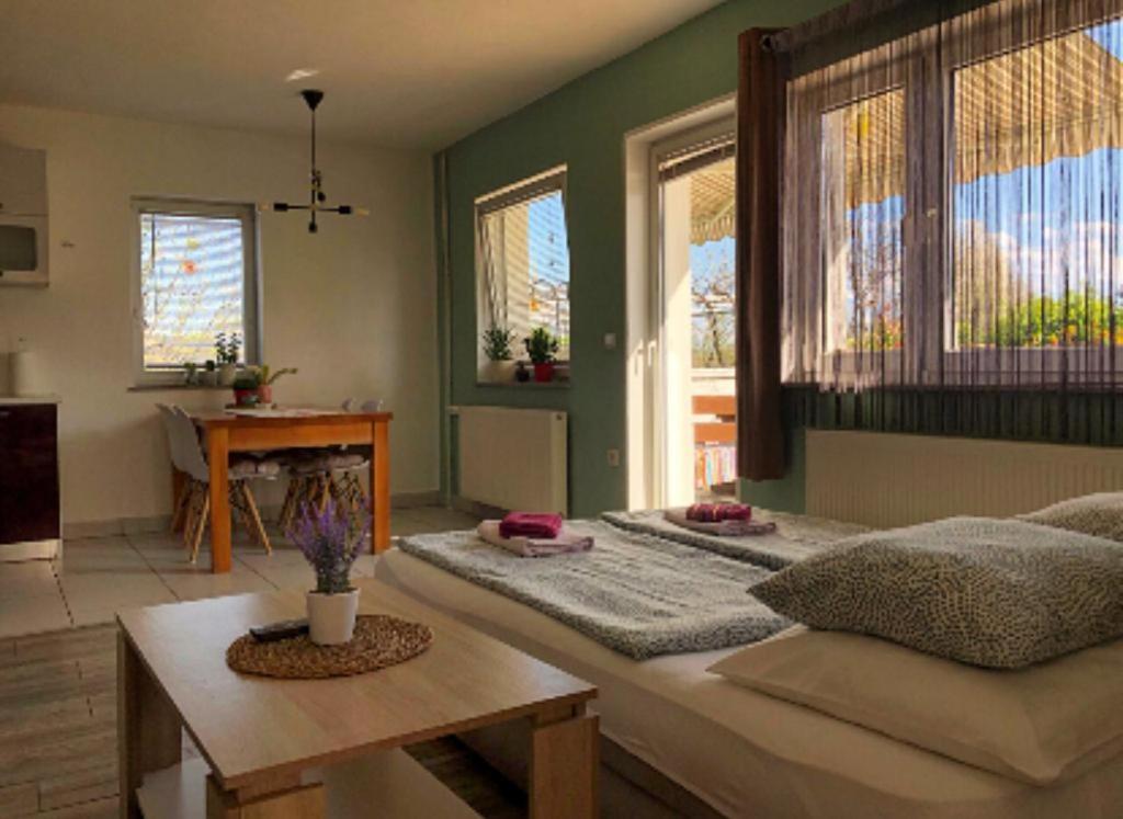 een kamer met een bed, een tafel en ramen bij House Antonia in Grabovac