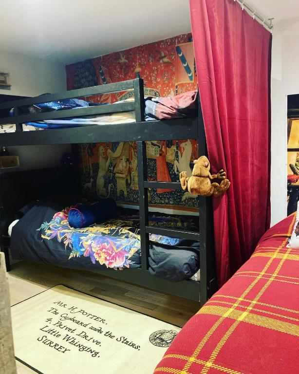 a bedroom with bunk beds with a teddy bear on the floor at Les sorciers, la Diligence St Jean de Losne in Saint-Jean-de-Losne
