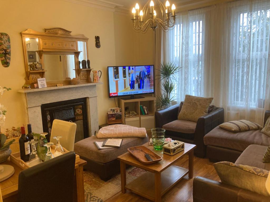 uma sala de estar com lareira e televisão em Mountroyal Victorian Self Catering Apartment 2 em Belfast