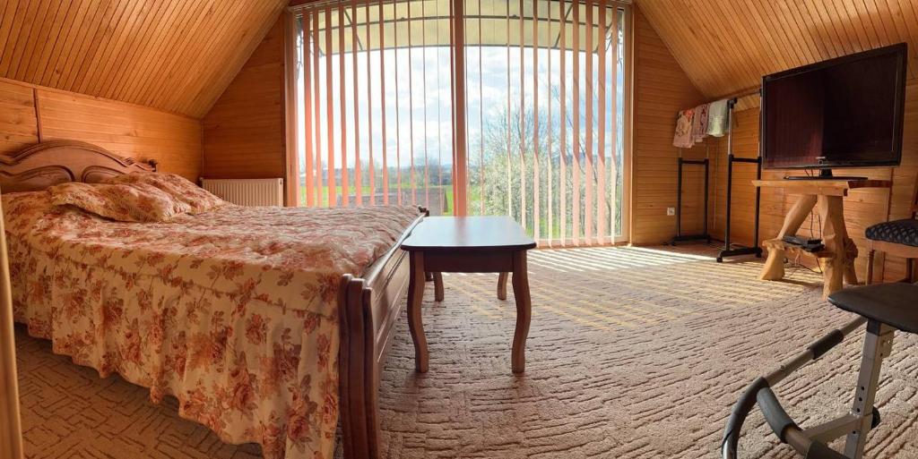 Schlafzimmer mit einem Bett und einem Flachbild-TV in der Unterkunft Ferienhaus 'Carolina' mit whirlpool, sauna und Grillplatz in Kossiw