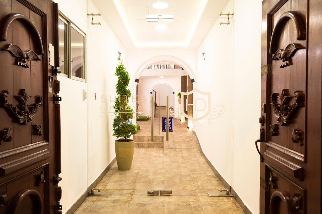 un couloir avec deux plantes en pot dans un bâtiment dans l'établissement Suites Experience by Hotel David, à Quito