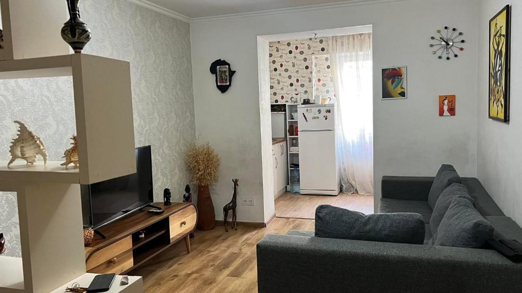 a living room with a couch and a television at Cosy Home in Rustavi