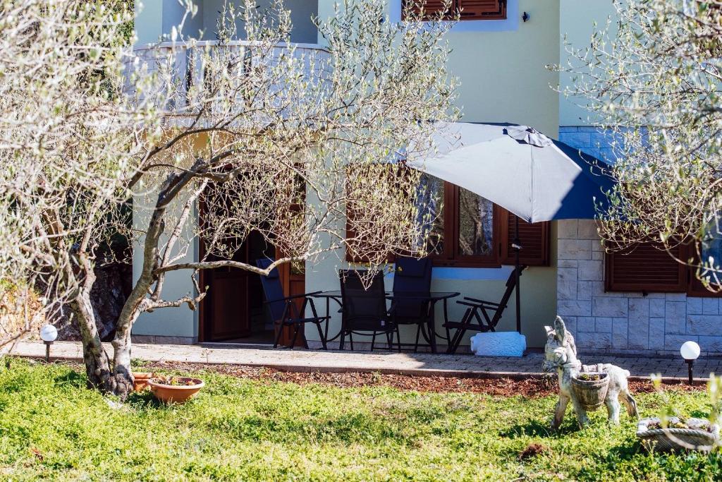 a house with a tree and an umbrella in the yard at Roko Opaćac in Zadar