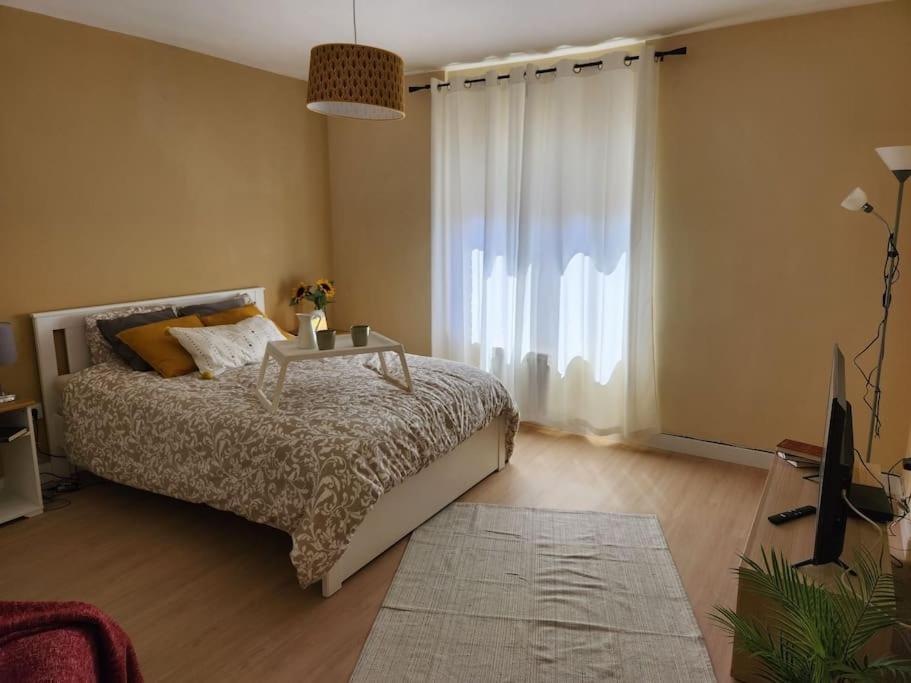 1 dormitorio con 1 cama con mesa y ventana en Moderno Apartamento Cerca del centro en León en León