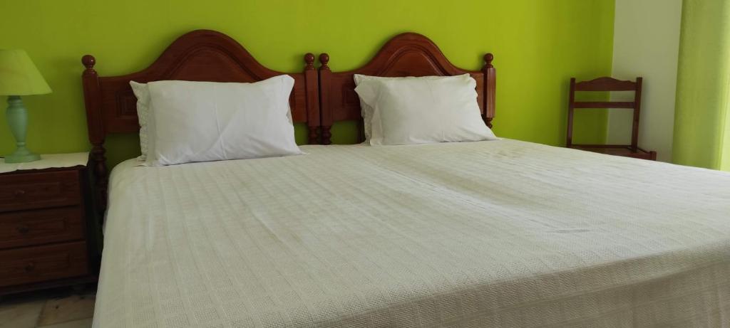 a bed with two white pillows and a green wall at Vivenda Familia Pedro in Vila do Bispo