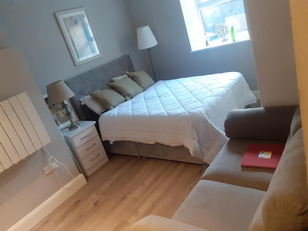 ein kleines Schlafzimmer mit einem Bett und einem Fenster in der Unterkunft Spacious Studio-Dublin 3 in Dublin
