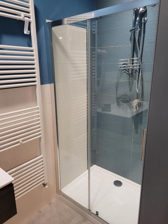 La salle de bains est pourvue d'une douche avec une porte en verre. dans l'établissement L'Agramante Bed&Breakfast, à Gualdo Cattaneo