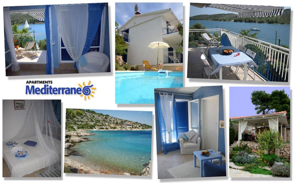 a collage of pictures of a resort and a pool at Apartments MEDITERRANEO in Kaprije