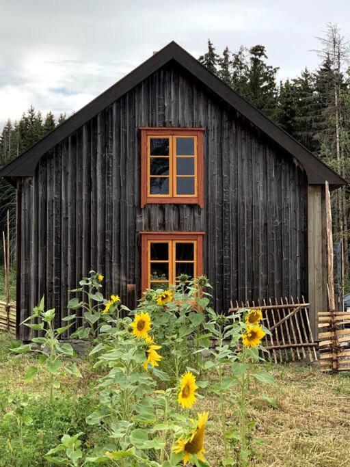 a small wooden cabin with sunflowers in front of it at Husmannsplassen Havrebakken på Helgøya in Ringsaker