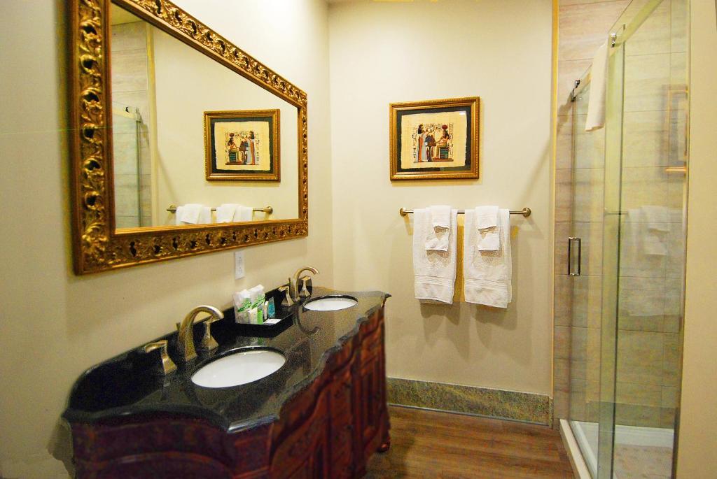 a bathroom with a sink and a shower and a mirror at Auberge Aux Nuits de Rêve in Sainte-Agathe-des-Monts