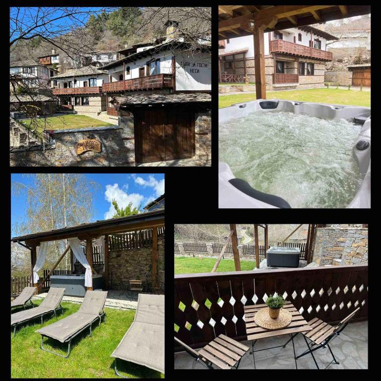 a collage of different pictures of a hot tub at Къщи за гости НЕСИ in Leshten