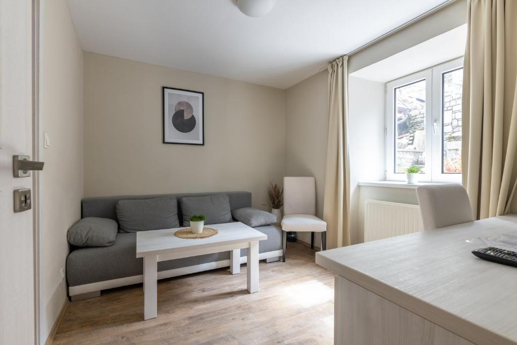 a living room with a couch and a table at Apartmány U Pavla in Český Krumlov