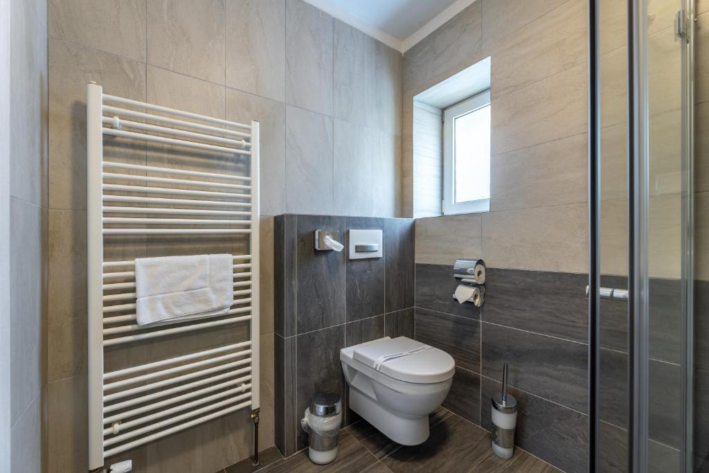 a bathroom with a toilet and a glass shower at Apartmány U Pavla in Český Krumlov