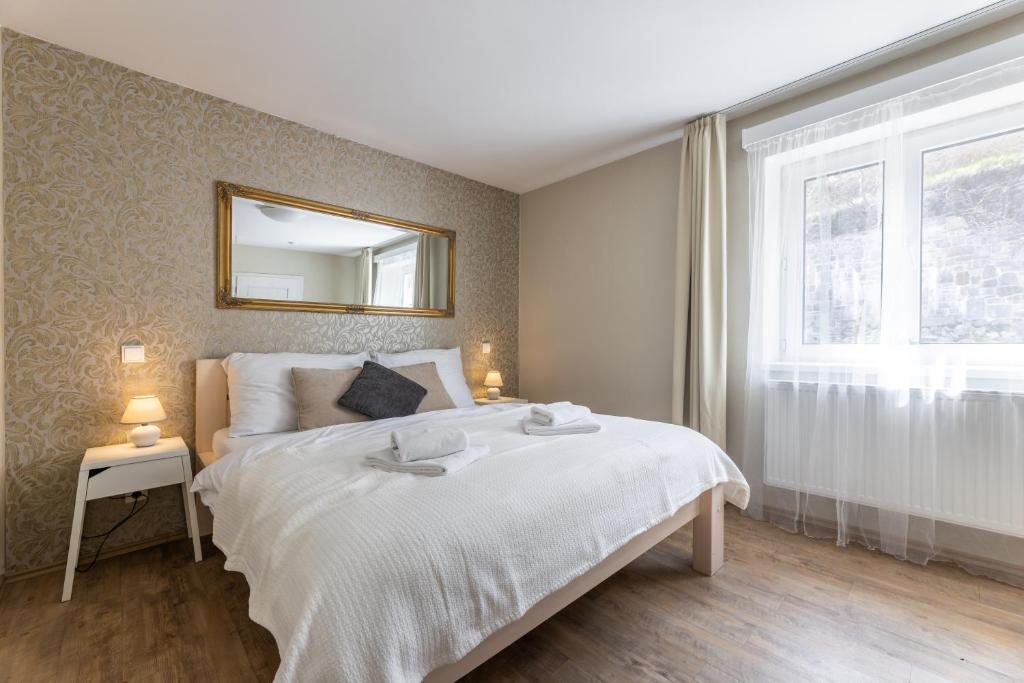 a bedroom with a bed with a mirror and a window at Apartmány U Pavla in Český Krumlov