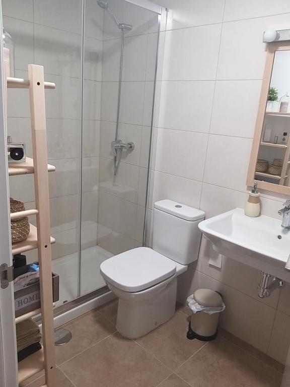 y baño con ducha, aseo y lavamanos. en Apartamento Almijara, en Torre del Mar
