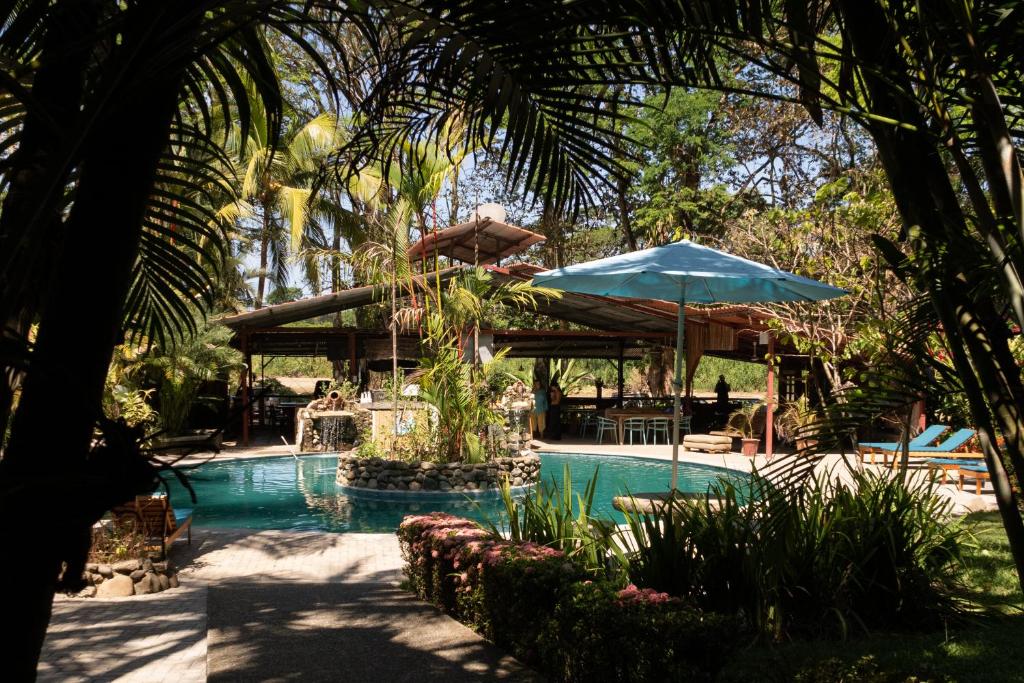 basen z parasolem, krzesłami i stołem w obiekcie Rio Lindo Hotel w mieście Dominical