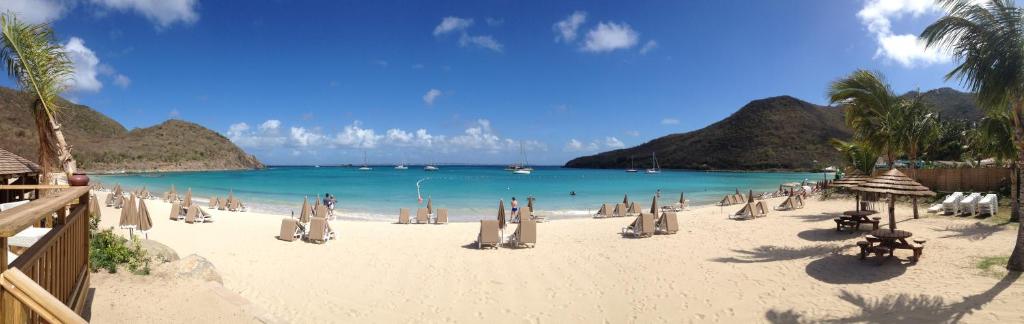 a beach with chairs and umbrellas and the ocean at Le Domaine Anse Marcel Beach Resort in Anse Marcel 