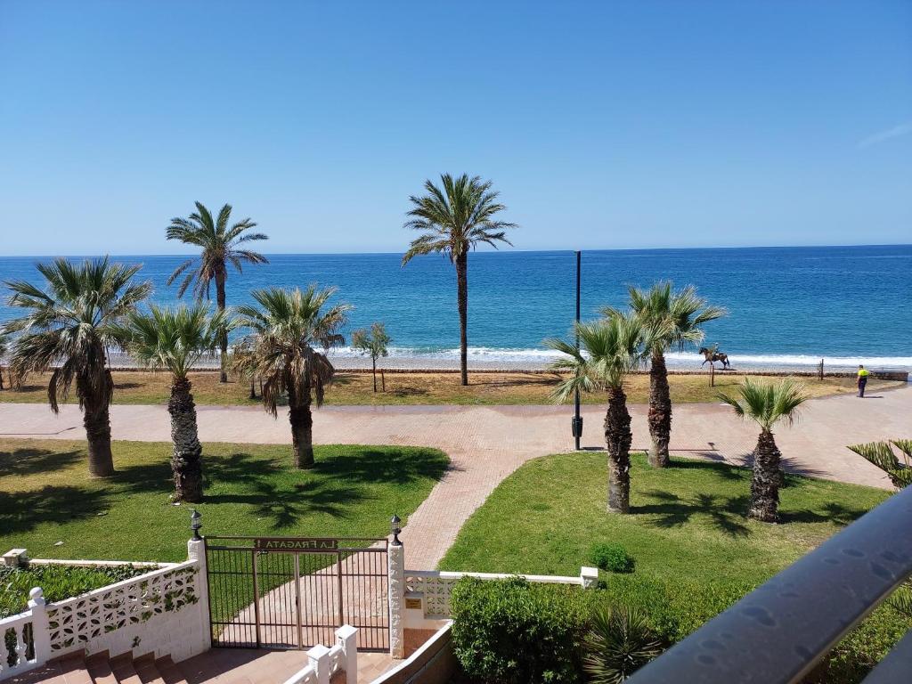 vistas a una playa con palmeras y al océano en FantaSea House Salobreña, en Salobreña