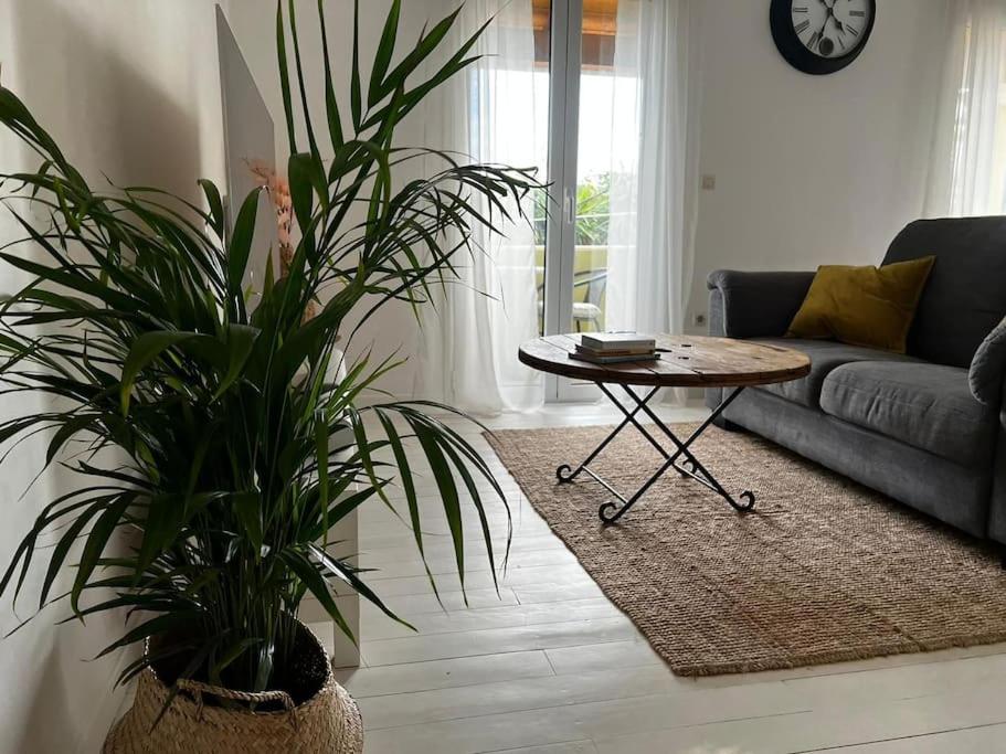 sala de estar con sofá y mesa en Newly refurbished, coastal apartment- Barbati en Barbati