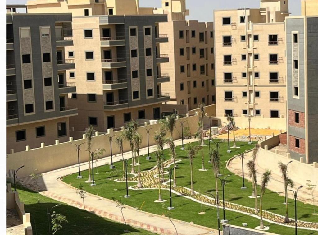 un parc avec des palmiers en face des bâtiments dans l'établissement Dream city, au Caire