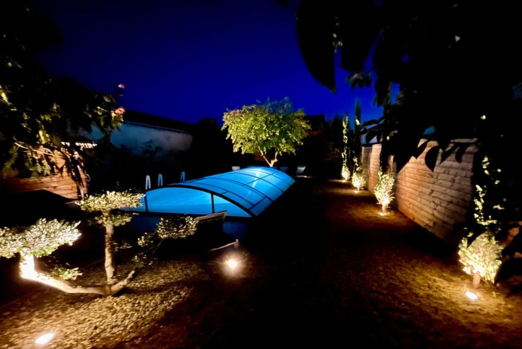 Villa spa, sauna et piscine couverte proche rivière Aveyron في Albias: حديقة فيها مظلات زرقاء واشجار بالليل