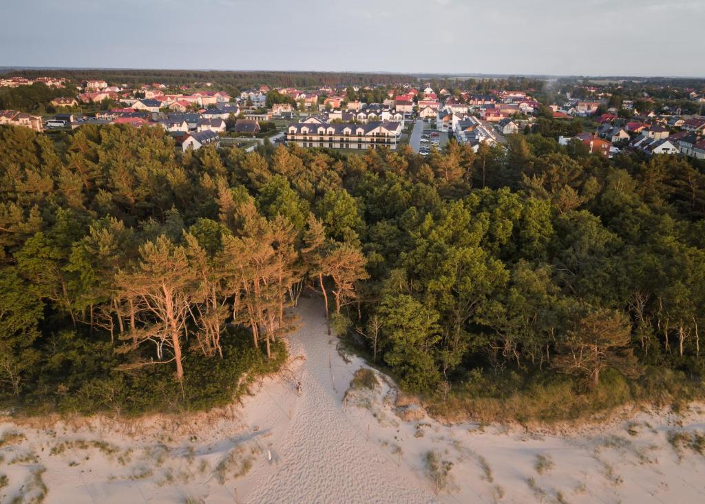 an aerial view of a beach with trees and houses at Apartamenty Lambert Grzybowo in Grzybowo