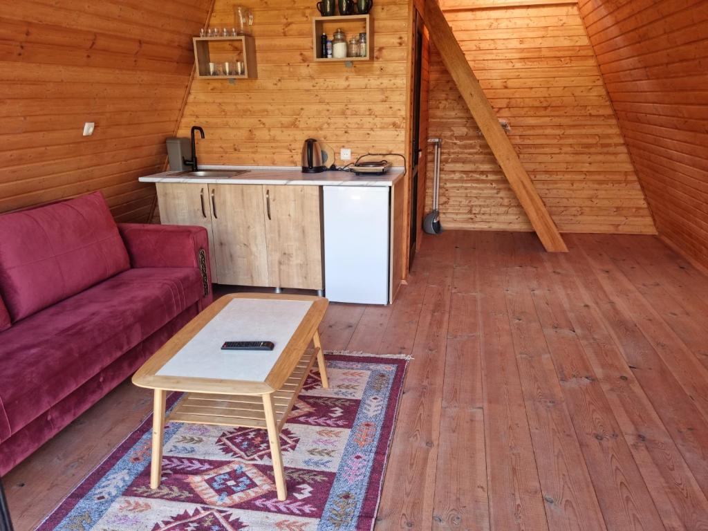 ein Wohnzimmer mit einem Sofa und einem Tisch in einer Hütte in der Unterkunft Cottage Tvishi Near Khvamli Mountain in Tvishi