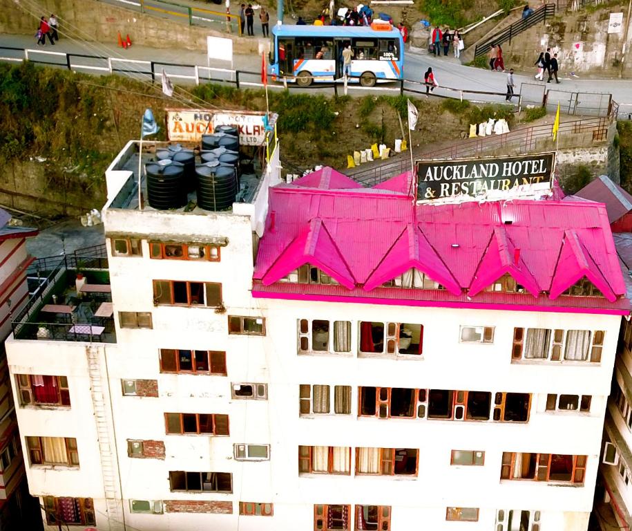 une vue de tête d'un bâtiment avec un toit rose dans l'établissement Auckland Hotel and Restaurant Near Mall Road, à Shimla