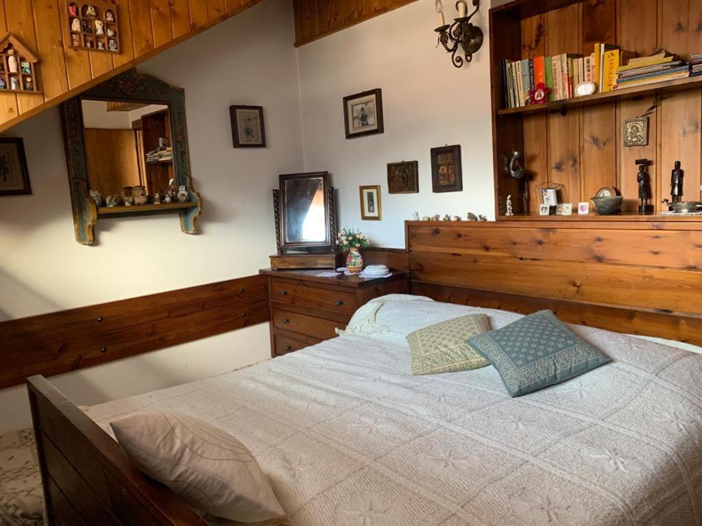 a bedroom with a bed in a room with wooden walls at Bellavista 