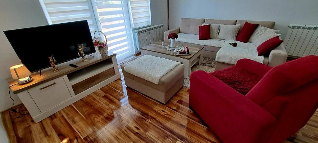 a living room with a couch and a tv at APARTMANI DIJANA in Trebinje