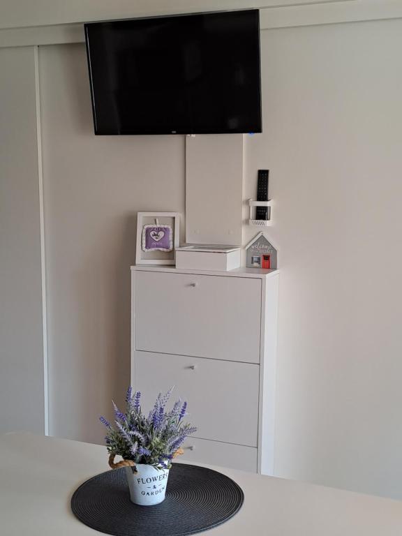 a room with a table with a vase of purple flowers at Mobile Homes Dololego - Camp Baško Polje in Baška Voda