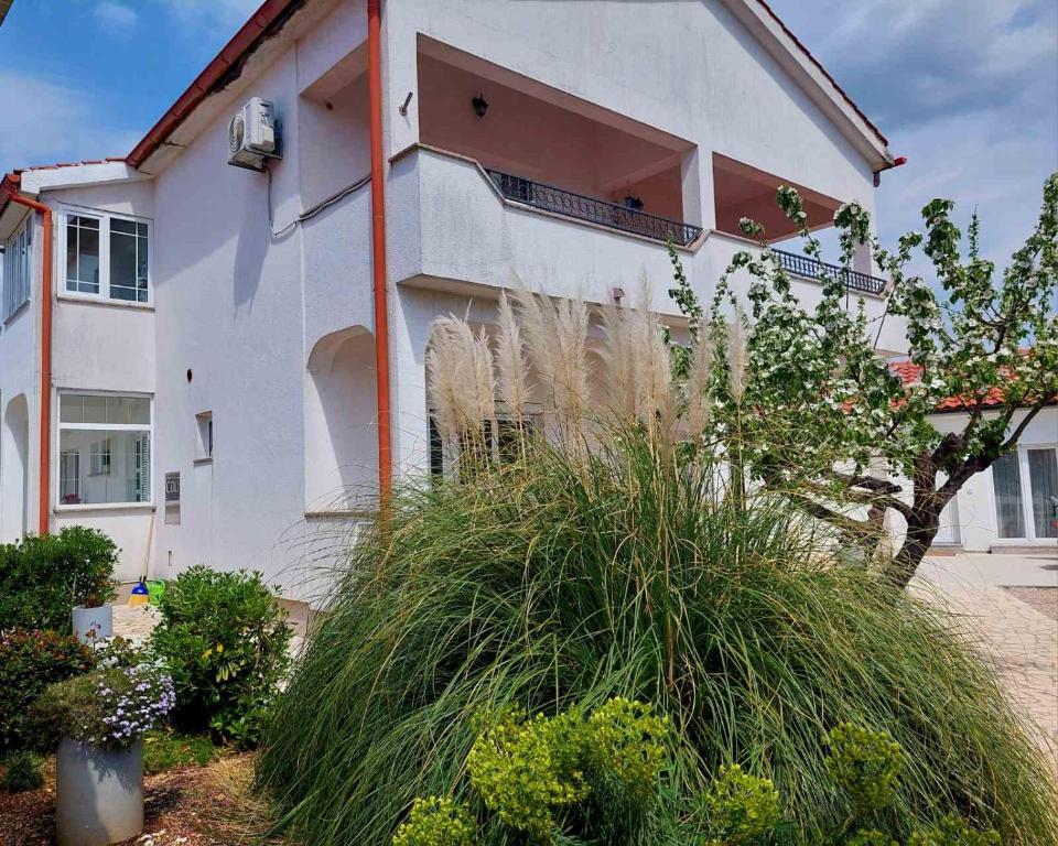 a white building with plants in front of it at Rooms Hodanić in Krk