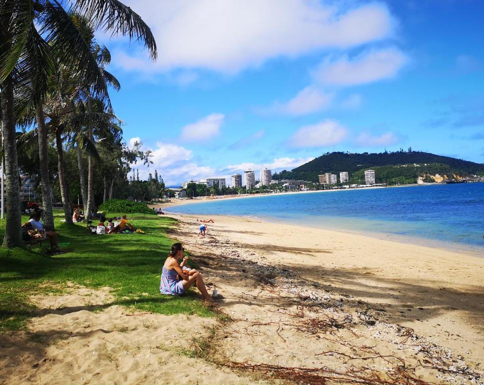 a woman sitting on the beach near the water at Moana Beach Apartment in Noumea