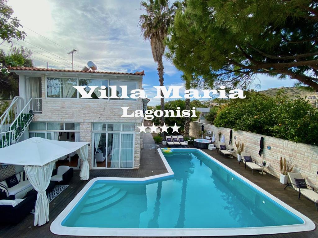 een zwembad voor een villa met een bordje margolis bij Villa Maria Lagonissi - Private first floor Villa in Kalívia Thorikoú