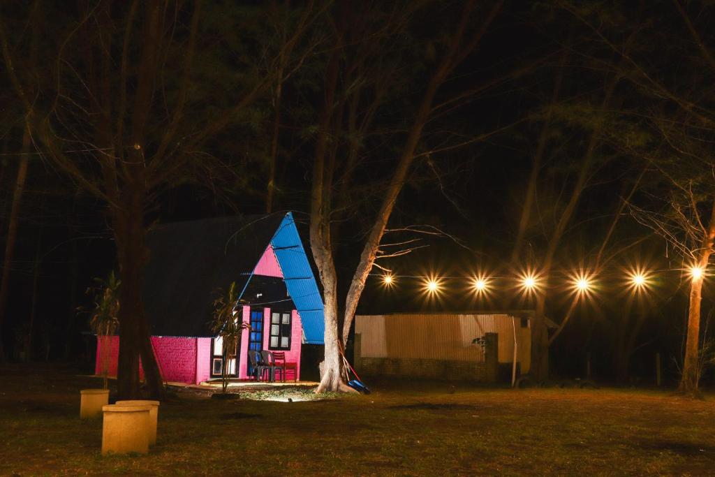 ein kleines Haus in der Nacht mit einem Baum und Lichtern in der Unterkunft Villa Uda @ SIBLINGS Cottage in Setiu