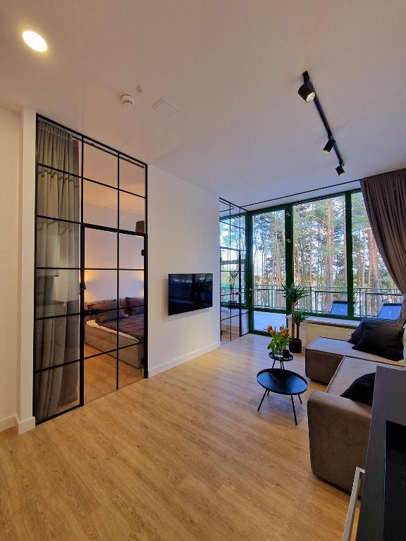 a living room with a couch and a tv at Apartamenty nad Zalewem Zegrzynskim z tarasem 23 m2 in Serock