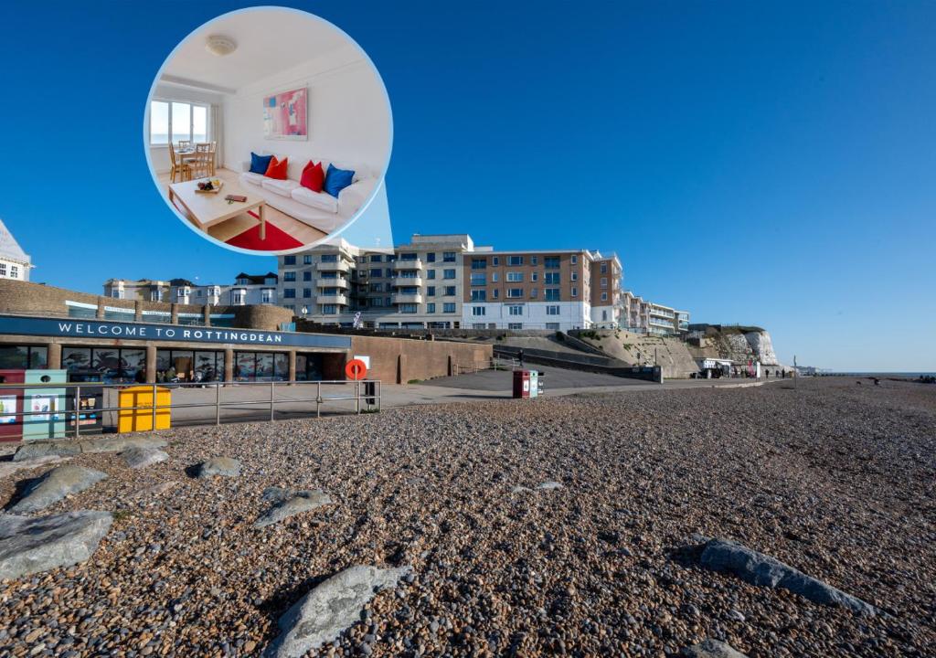 a view of a beach with a mirror on it at St Margarets Flat in Rottingdean