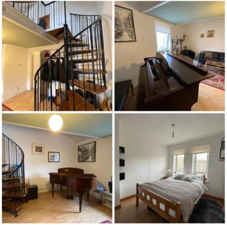 three pictures of a room with a staircase and a bedroom at Glasgow City in Glasgow