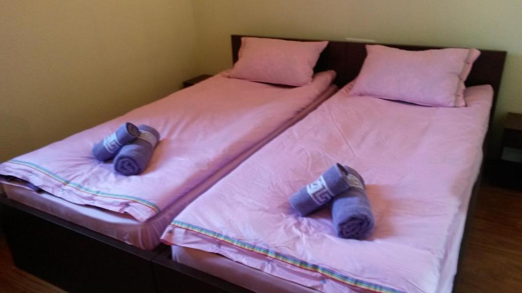 2 camas individuales con sábanas rosas y almohadas moradas en Apartment on Tabukashvili Street, en Tiflis